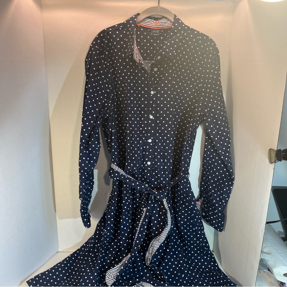 Izod Navy Polka Dot Long Sleeve Dress